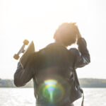 cinematic shot of a skateboader